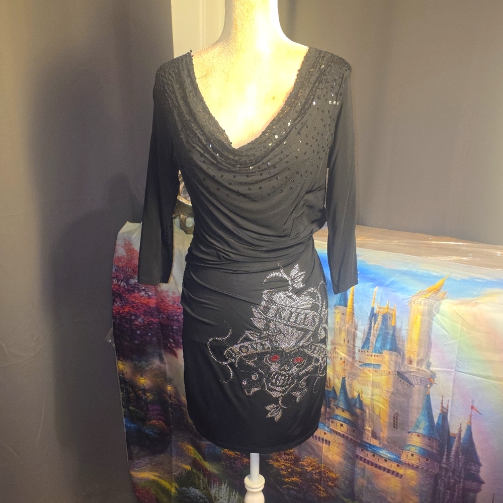 Ed hardy Love Kills Slowly Dress Womens L Black Rhinestone Sequins Bodycon Shear